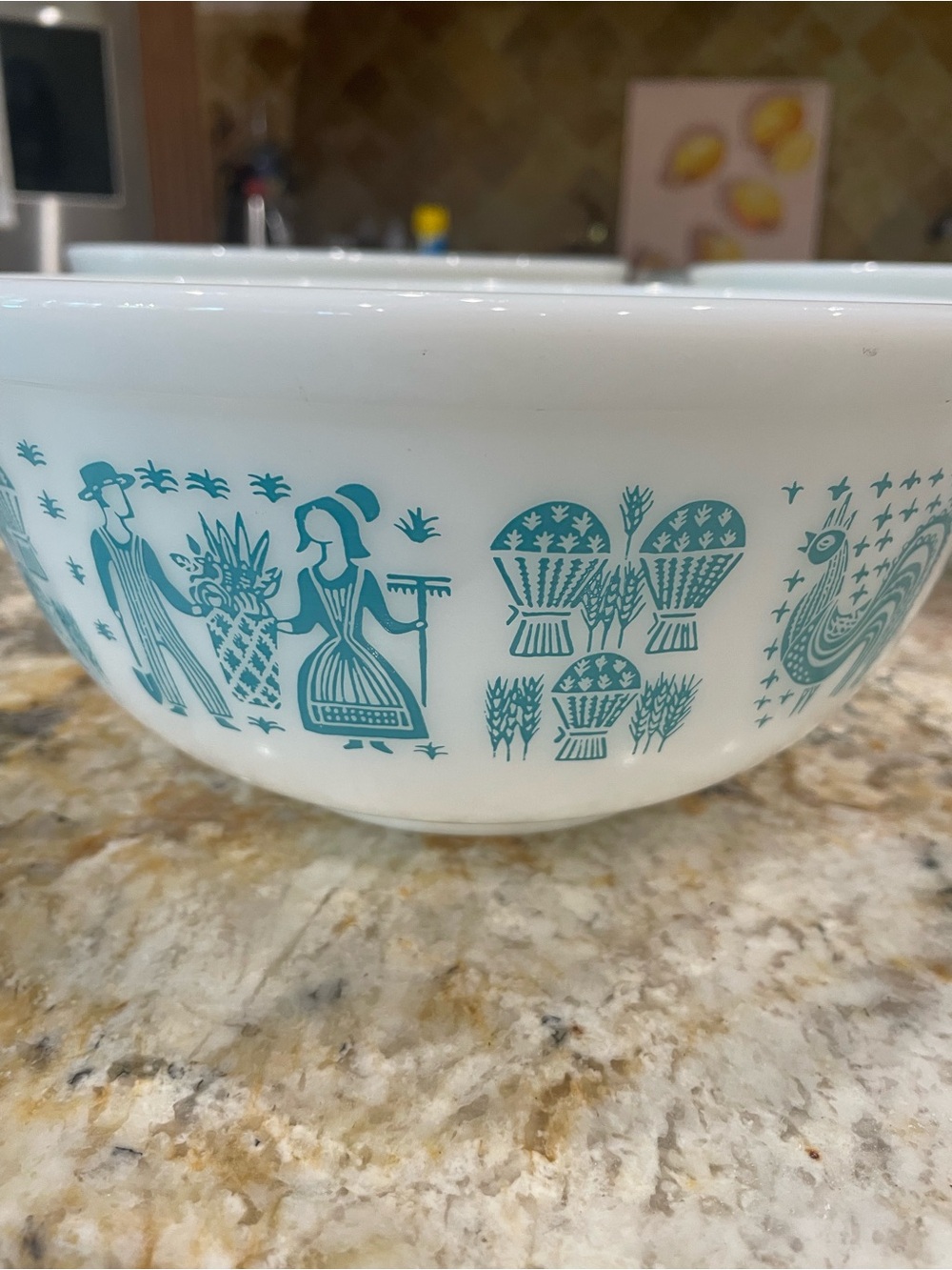 Pyrex Vintage Mixing Bowl with Turquoise Farmhouse Butterprint.  403 - 2.5 qt